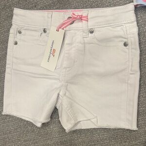 Kids Vineyard Vines White Jean Shorts with Pink Tie